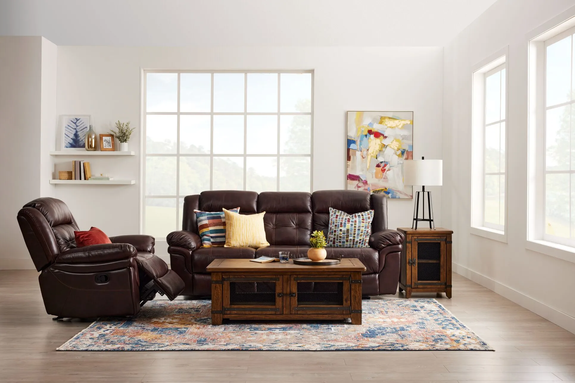 Cooper Leather Reclining Sofa, Reclining Loveseat with Console and Recliner Set - Brown