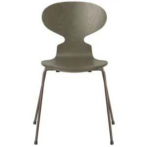 Fritz Hansen Ant™ Chair Colored Ash Olive Green Bowl, Brown Bronze Base