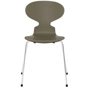 Fritz Hansen Ant™ Chair Lacquered Olive Green Bowl, Chrome Plated Steel Base