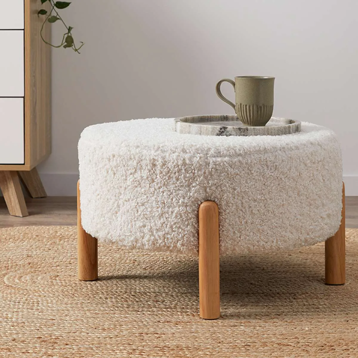 Kenzo Round Sherpa Ottoman - Cream Mocka