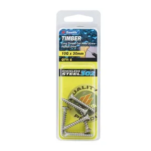 Zenith Stainless Steel Countersunk Screw Phillips 10G x 30mm (6pk)